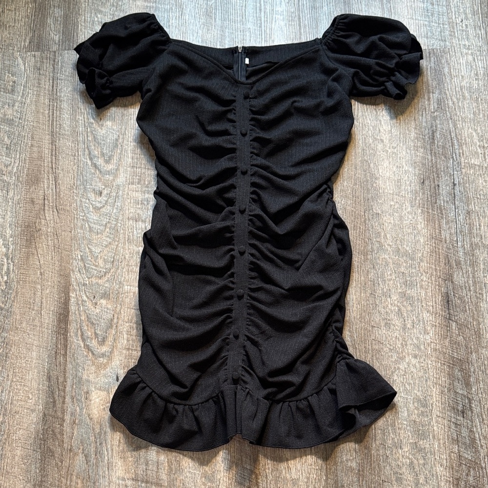 Black Ruched Midi Dress with Puff Sleeves by